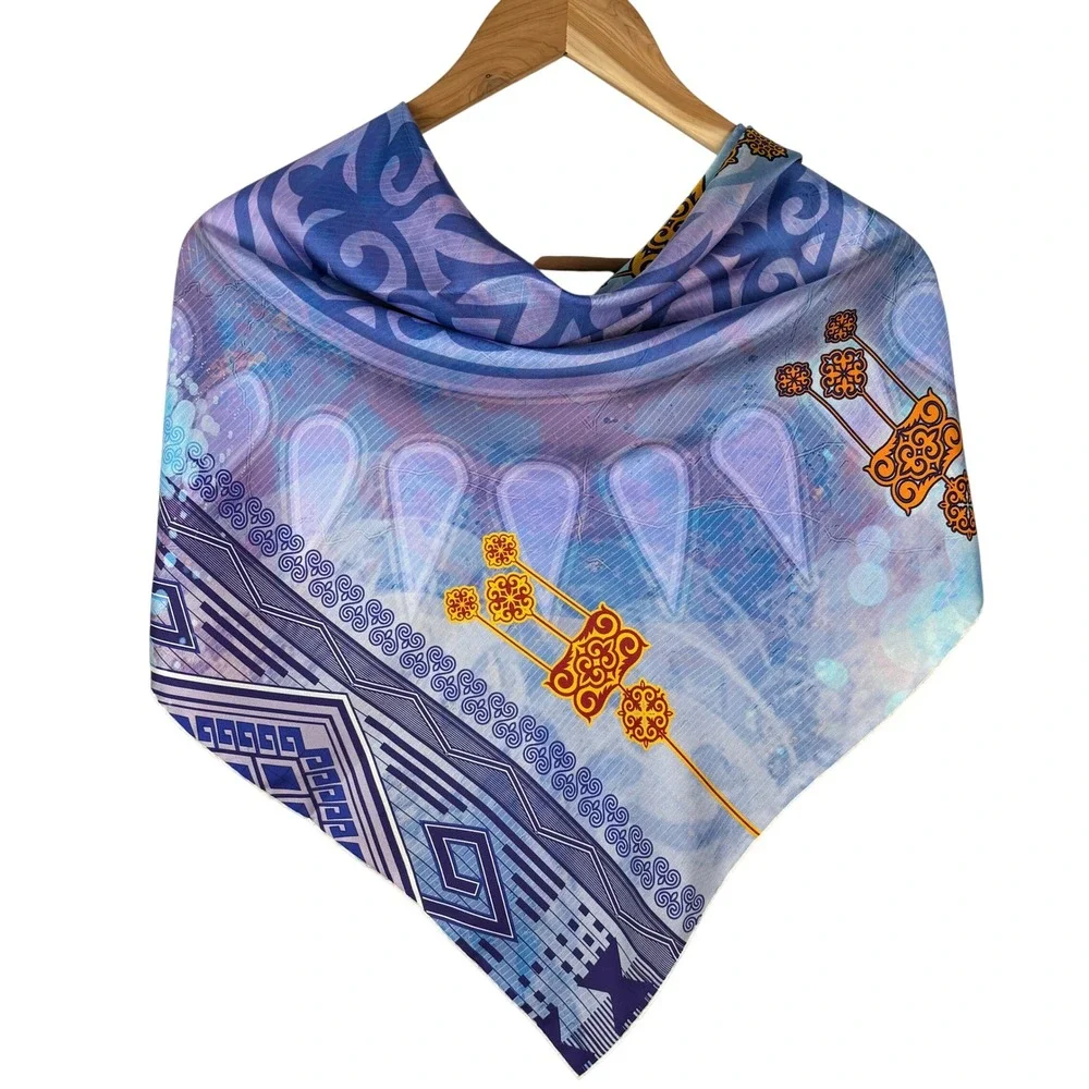 NWOT Empire of Kazakhstan Silk Scarf 35 X 35 Blue Geometric Luxury Gift Italy